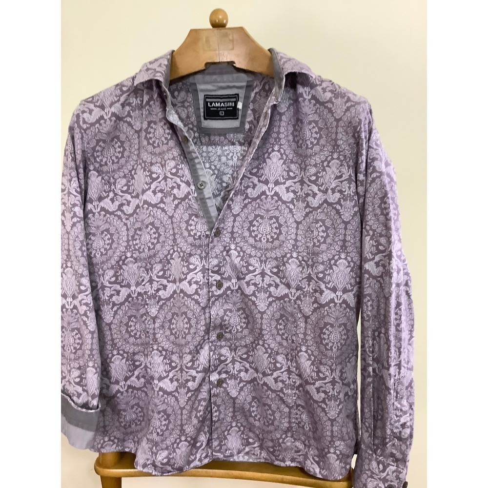 Lamasini Mens Purple Medallion Print Button Down Long Sleeve Shirt